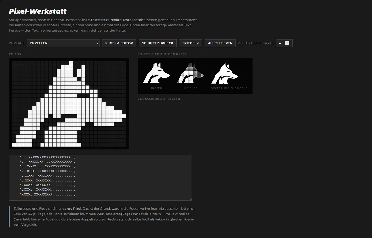Bildschirmansicht der Pixel-Werkstatt: links der Wolfskopf als anklickbares Gitter aus 28 mal 21 Zellen, rechts drei kleine Vorschauen in Kartengröße, darunter der Raster als Textblock aus Punkten und X