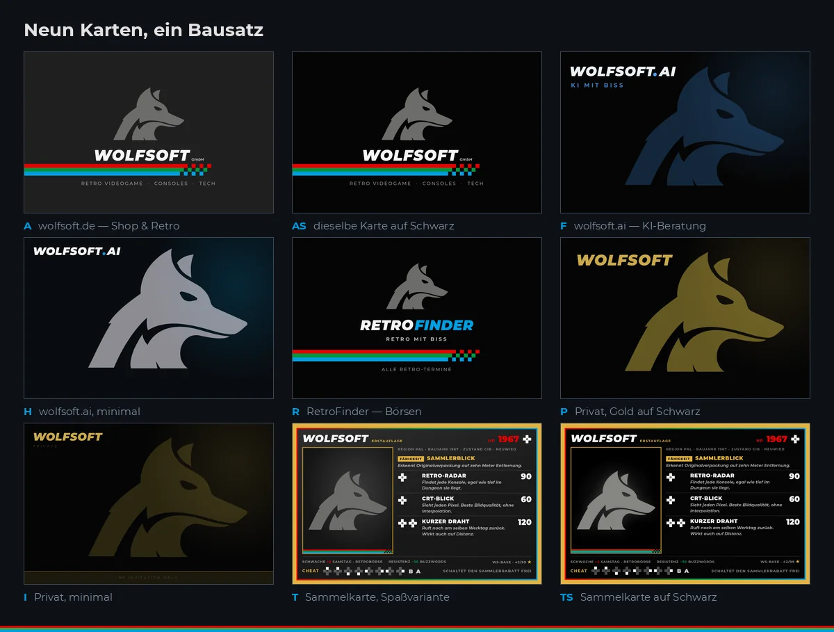 Neun Visitenkarten-Varianten im Überblick: Hauptkarte für wolfsoft.de, dieselbe auf Schwarz, zwei Karten für wolfsoft.ai, RetroFinder, zwei private in Gold und zwei Sammelkarten