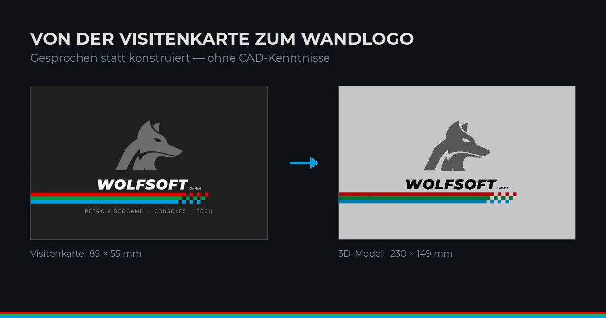 Links die WOLFSOFT-Visitenkarte in 85 mal 55 Millimetern, rechts das daraus erzeugte 3D-Modell in 230 mal 149 Millimetern