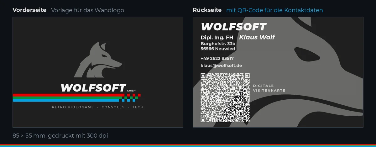 Die WOLFSOFT-Visitenkarte, Variante A: links die Vorderseite mit Wolfskopf, Schriftzug und den RGB-Streifen, rechts die Rückseite mit Kontaktdaten und QR-Code