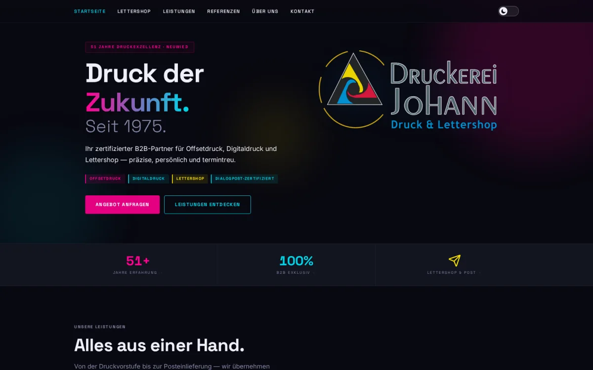 Startseite von druckerei-johann.de mit dem Logo der Druckerei Johann